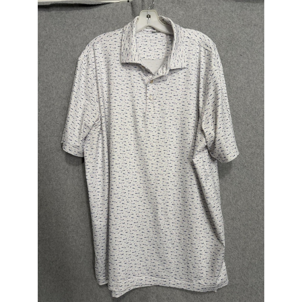 Peter Millar Polo Shirt Mens XL‎ White Boat Print Summer Comfort Golf Fishing